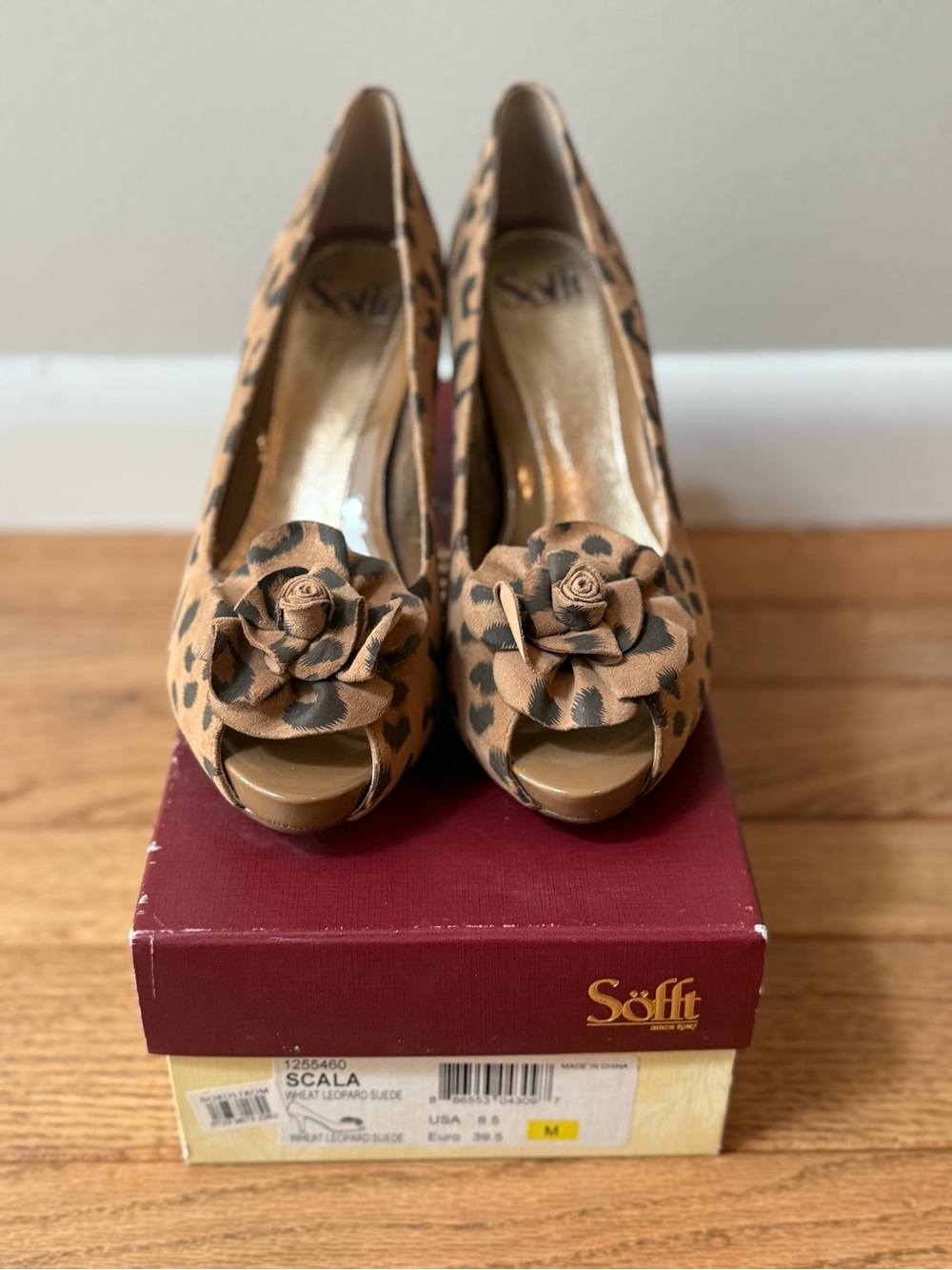 Sofft Leopard Peep-Toe Pumps in Tan and Black with Rosette